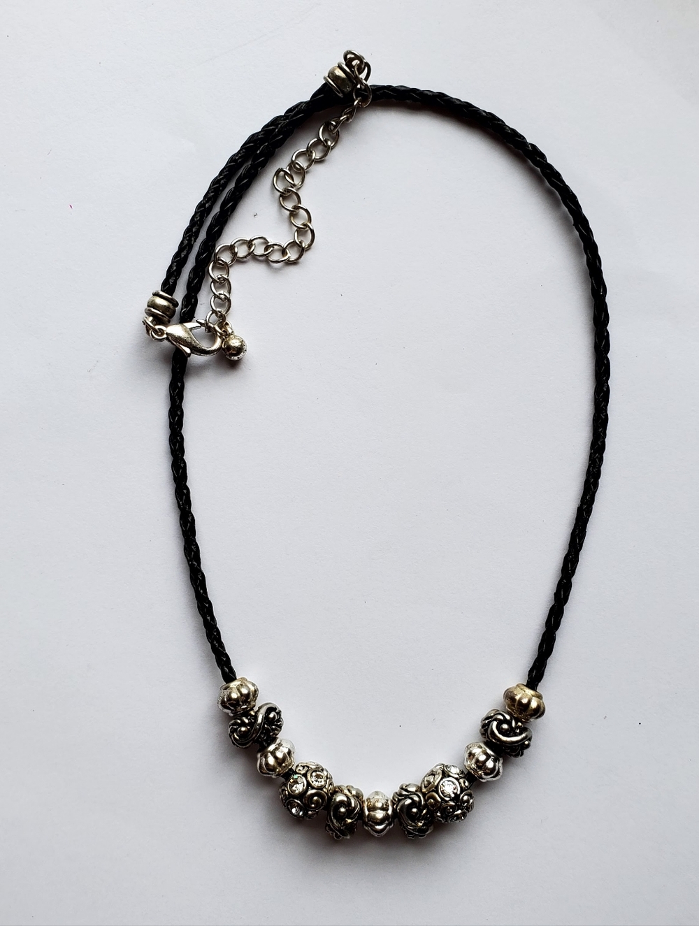 Black Braided Necklace With Crystal Faux Silver Necklace Jewelry Women